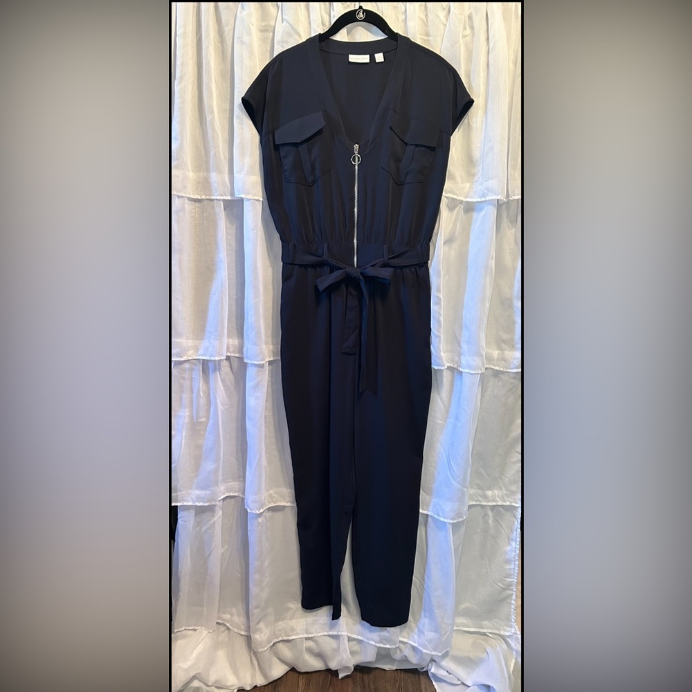 NY&Co Navy Zip Jumpsuit with Tapered Leg, Tie Sash and Pockets